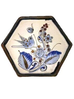 Ken Edwards Tonala Mexican Pottery falk art blue bird hexagonal  dish plate tray